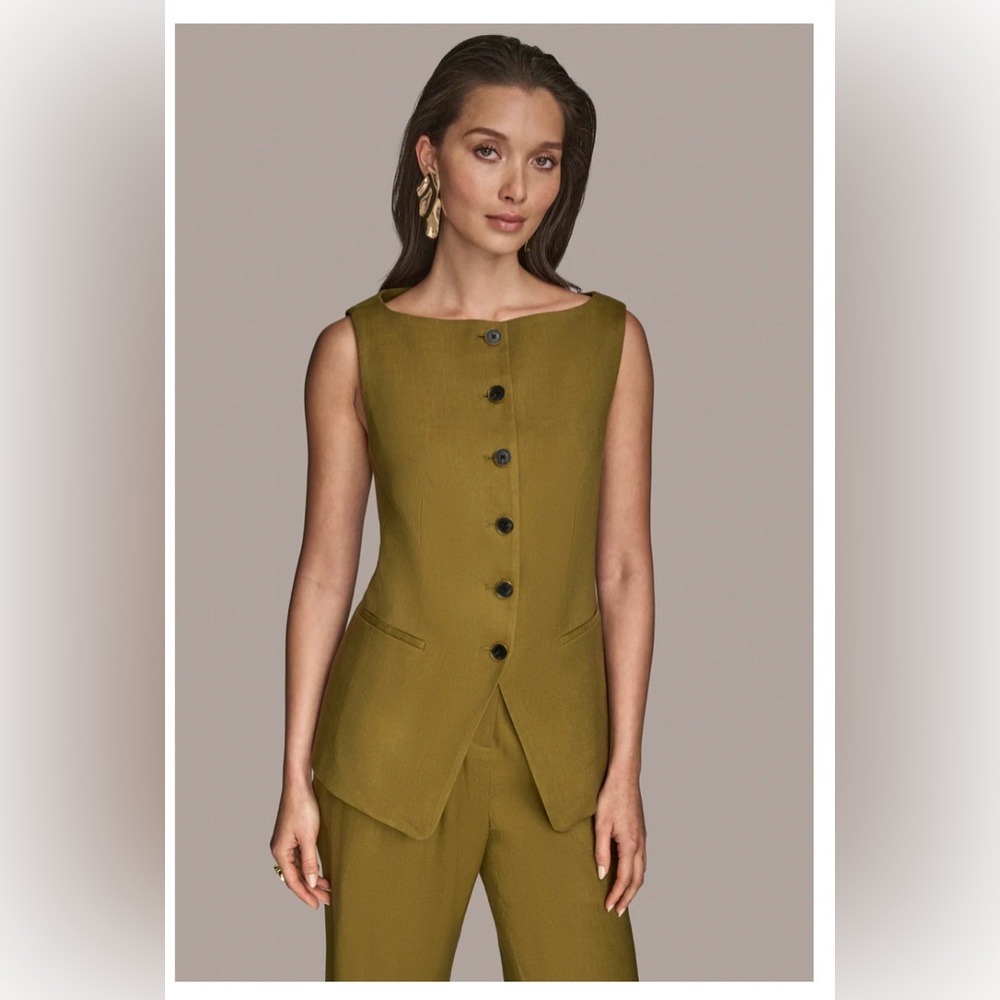 Donna Karan Women Linen Blend Vest Color Smoky Olive Medium Boat Neck Button NWT - Picture 7 of 14